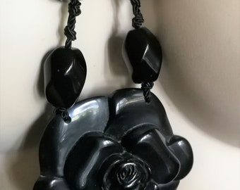 Necklace - black plastic bead necklace with large rose design pendant retro design