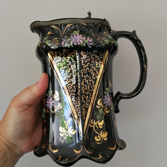 アンティーク ジャックフィールド 黒釉陶器 水差し：ピューター蓋付き