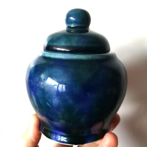 Può includere: Un vaso di ceramica blu e verde con un coperchio. Il vaso ha una finitura lucida e una forma arrotondata.