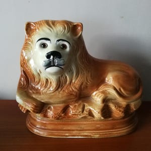 Large Antique Authentic Staffordshire Majestic original Mantle Staffordshire Lions glass eyes Circa 1890 marked  Sadler Burslem