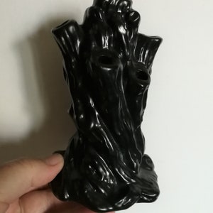 Può includere: Vaso in ceramica nera a forma di tronco d'albero con più aperture per i fiori. Il vaso ha una superficie testurizzata e un design unico e organico.
