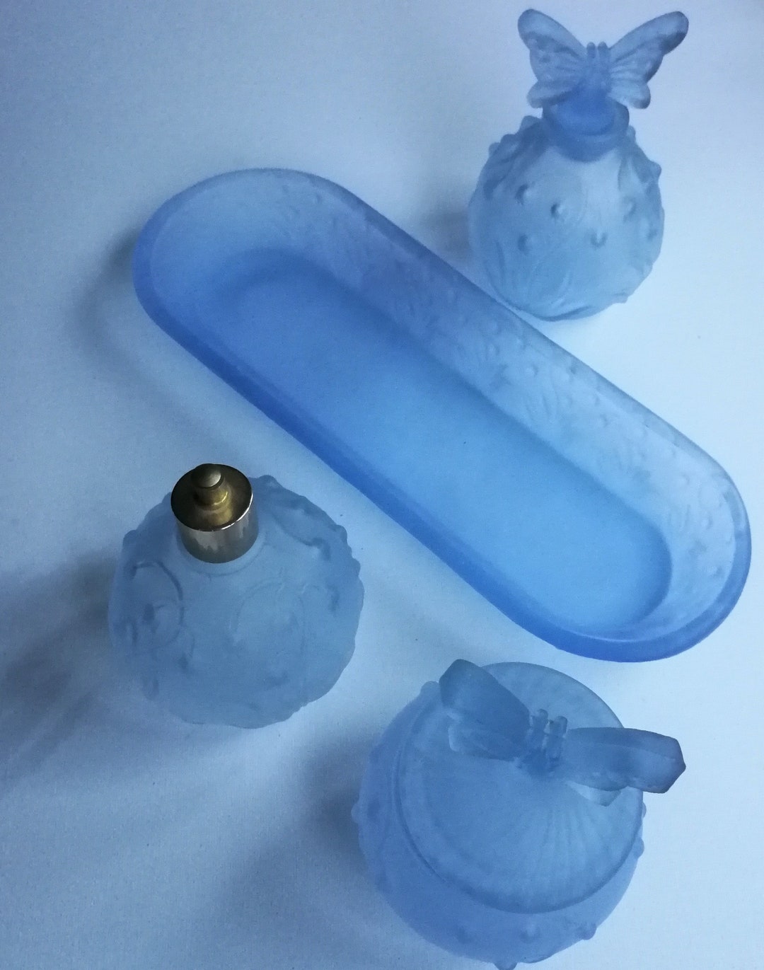 Vintage 1930s Blue Frosted Glass Dresser Set Butterfly Perfume Bottles
