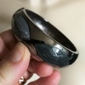 Bangle -  hinged dark metal clamper bangle bracelet with enamelled panels