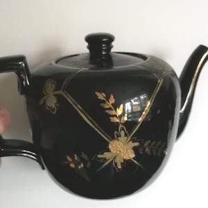 Antique Victorian  Gilded Hand Enamelled Black Teapot