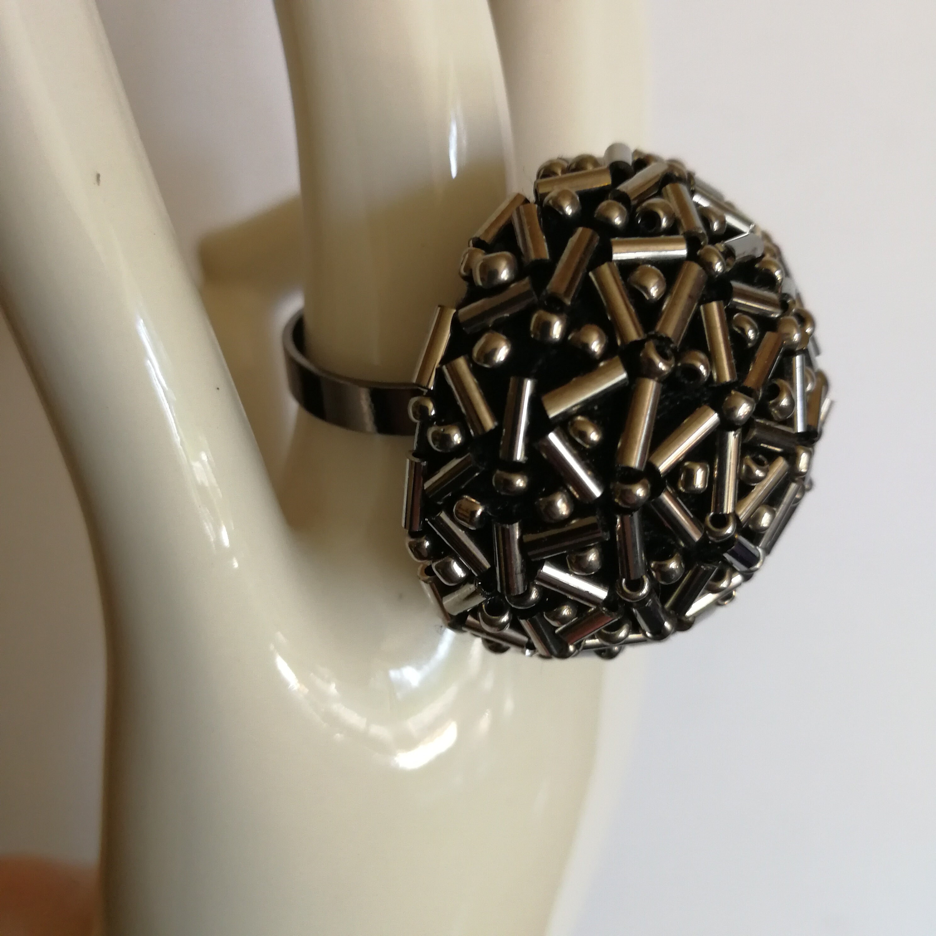 Ring - striking silver tone metal chunky funky ring