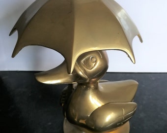 Iconic large vintage solid brass standing duck figurine with umbrella