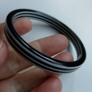Striped Plastic Bangle: Black and White Chunky Funky Bracelet (65mm)