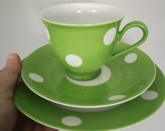 RESERVED for AL continental vintage china trio apple green with white polka dots