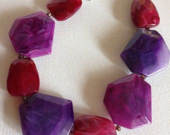 Necklace - Chunky plastic necklace large flat purple and pink faceted beads