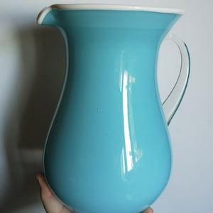Vintage mid century pale blue glass jug or pitcher with clear glass handle and white opaline glass rim Italian or Scandinavian