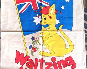 vintage cotton tea towel depicting Kangaroo Waltzing Matilda
