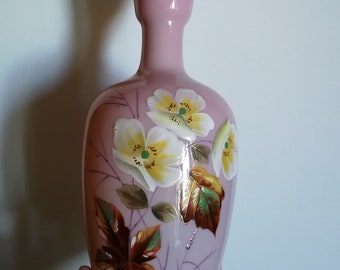 Victorian antique hand painted pink milk glass or opaline glass vase