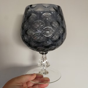 Large grey blue optical pattern glass balloon brandy shaped goblet GLASS vase retro 60s or 70s perfect  sturdy stem clear base