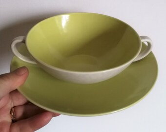 Vintage Poole twin tone double handle soup bowl mottled dove grey with lime green yellow interior and saucer in perfect condition