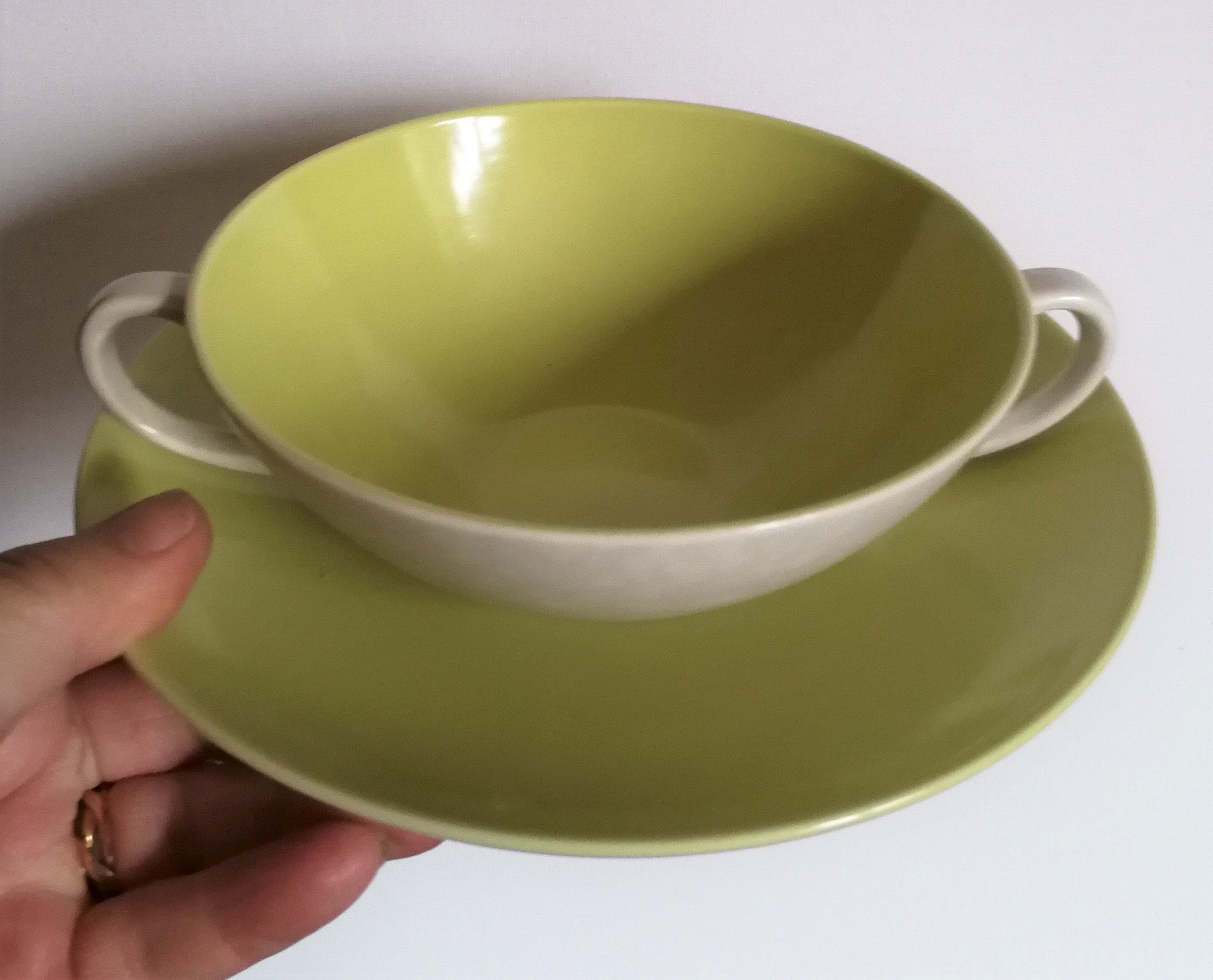 Vintage Poole Pottery Soup Bowl & Saucer: Mottled Dove Grey, Lime Green Interior