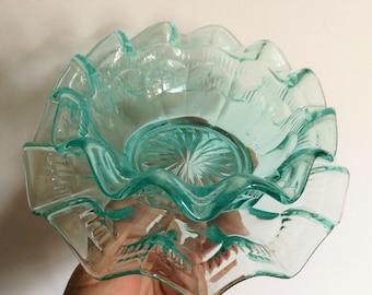 Small vintage turquoise blue glass bowl dish with matching frilly saucer lovely for serving a starter or dessert