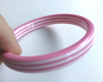 SUPER SALE 65mm Bangle - Pink and White candy striped chunky funky plastic bangle