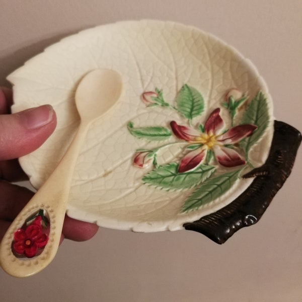 Vintage Carlton ware china leaf jam dish hand painted floral decoration and early plastic jam spoon