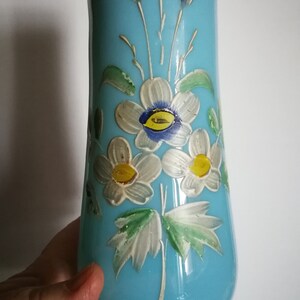 Victorian antique hand painted turquoise blue milk glass or opaline glass vase image 2