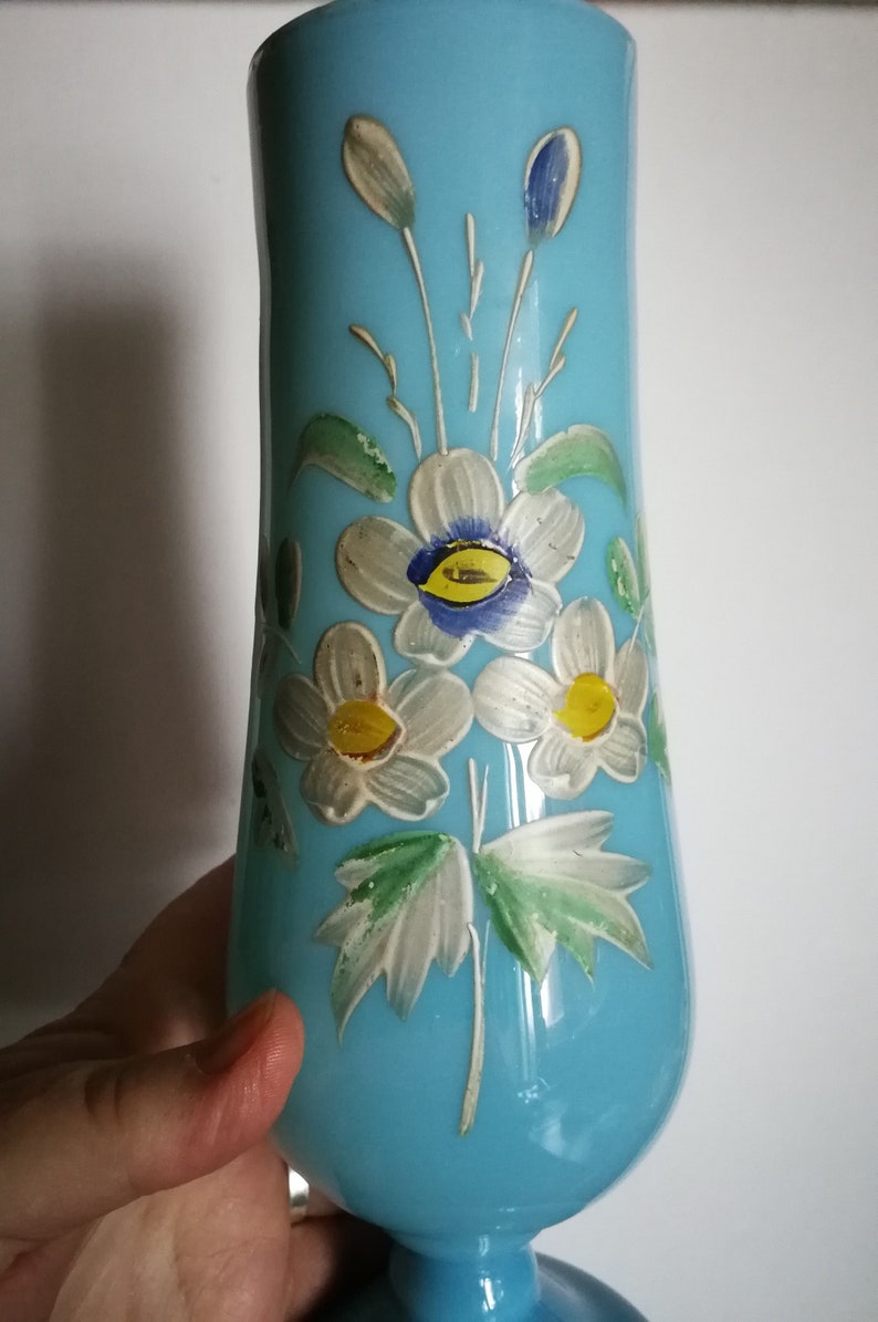 Victorian antique hand painted turquoise blue milk glass or opaline glass vase image 2