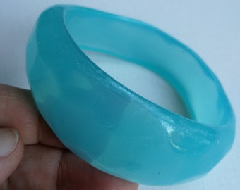 65mm diameter Bangle - funky translucent turquoise blue asymmetric plastic bangle softly faceted