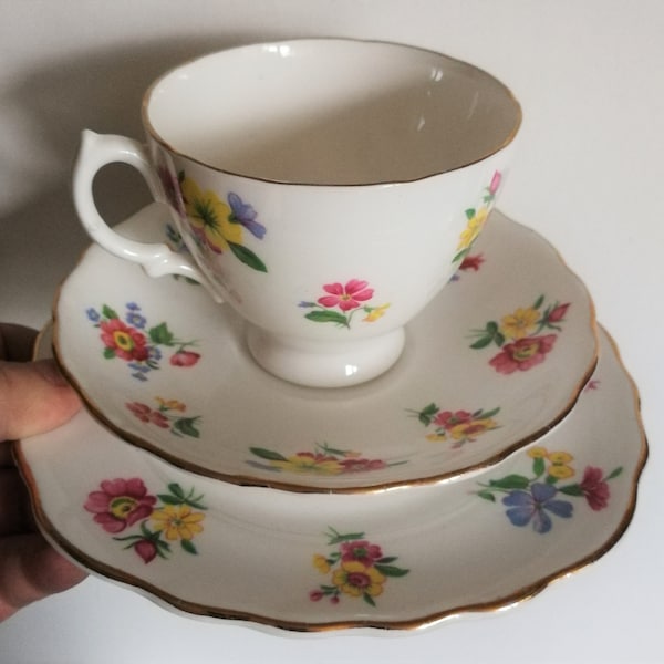 Royal Vale English fine bone china trio tea cup saucer  and tea plate with delicate floral design