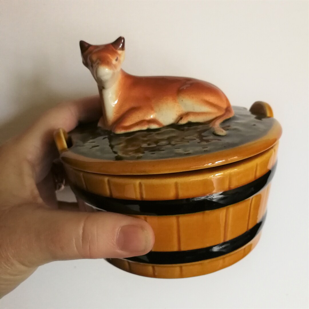 Barrel Shaped Majolica Pottery Butter Dish Cow on the Lid Vintage SECLA Made in Portugal Etsy