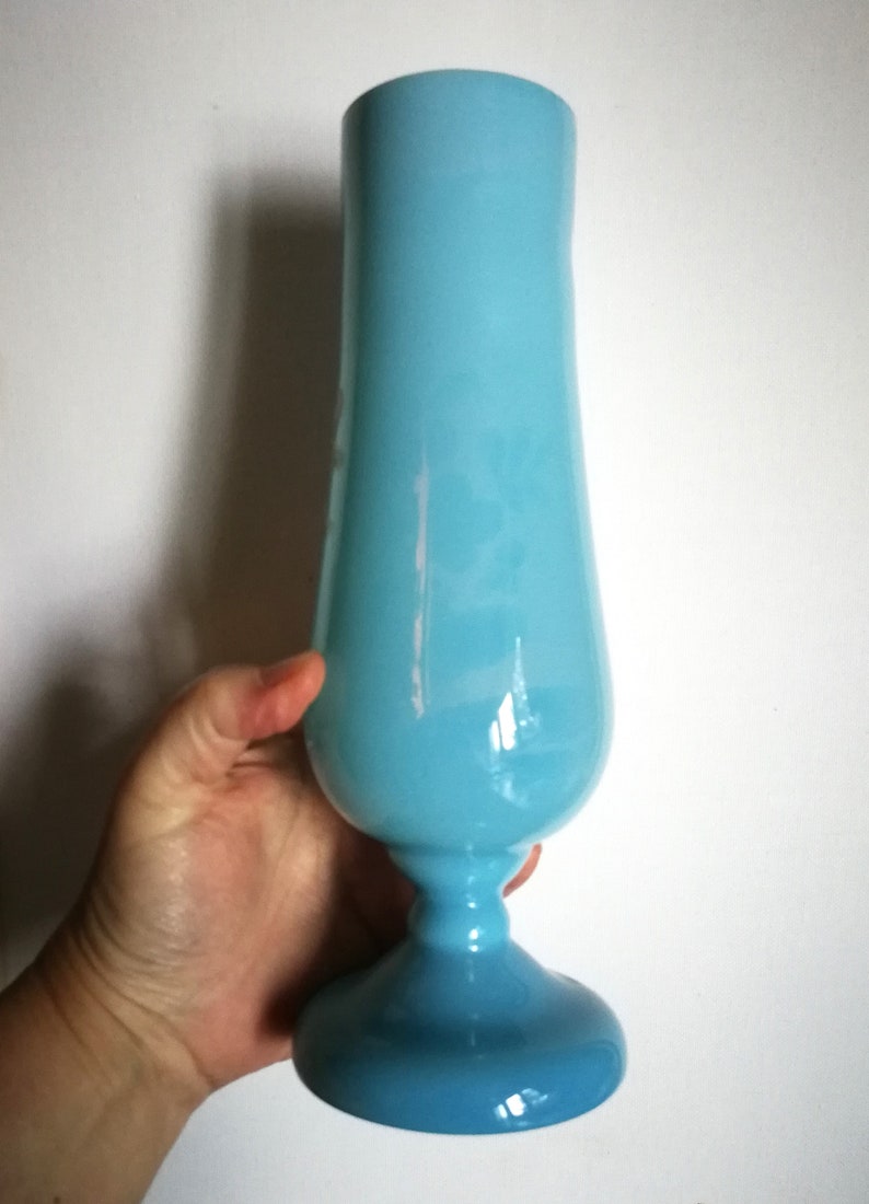Victorian antique hand painted turquoise blue milk glass or opaline glass vase image 3