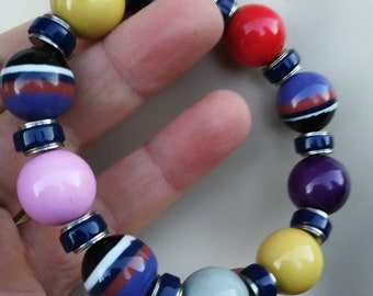 Bracelet - multicolour round plastic bead bracelet including striped beads -  great chunky costume jewellery