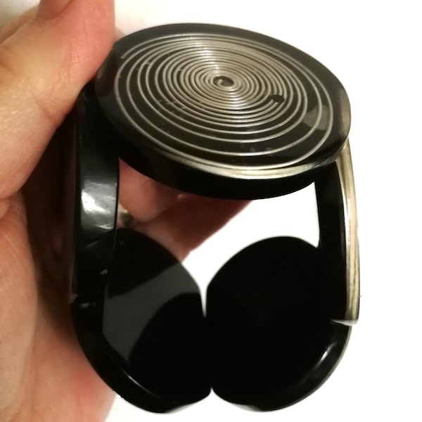 Bracelet - Bracelet élastiqué en plastique noir avec inclusion de spirales en fil d'argent