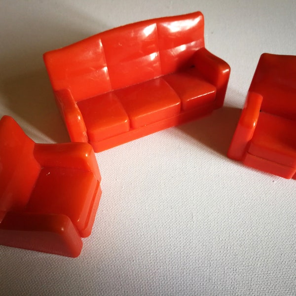 Vintage retro Dolls House furniture red plastic sofa and 2 armchairs  CONTEC