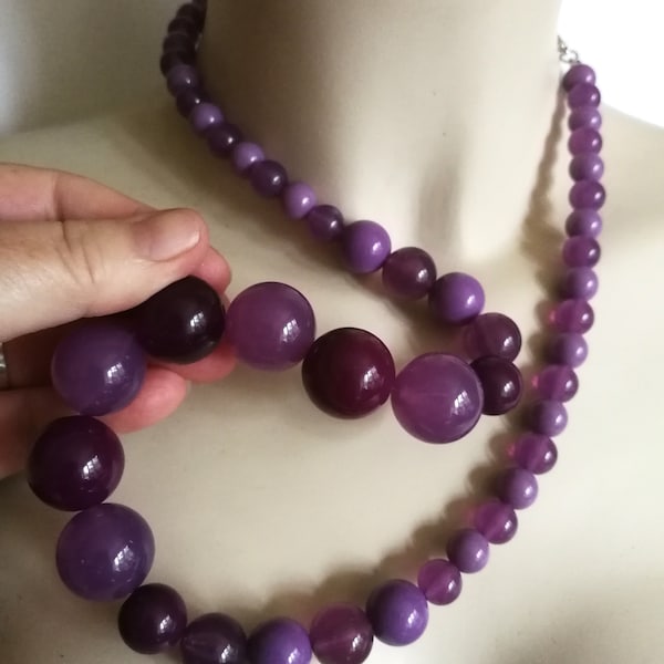 Necklace - Long graduated large shades of purple necklace chunky plastic beads