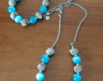 Necklace  - funky blue and silver beaded necklace and matching bracelet