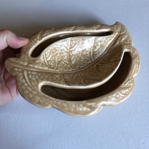 vintage beige matt glaze leaf shaped Falcon ware posy holder made in England hand pottery pattern 416