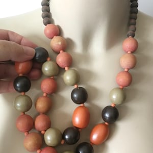 Necklace - funky large long orange stained wooden beads necklace great chunky costume jewellery