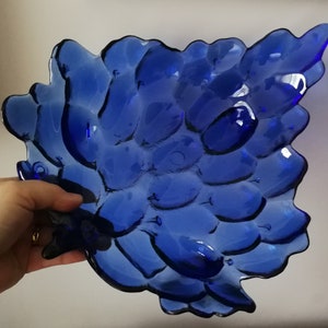 Large blue glass candy serving dish with grapes design ideal for Christmas