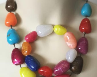 Armband - chunky bunte multicolour Perlenkette und passendes Armband Set große Perlen