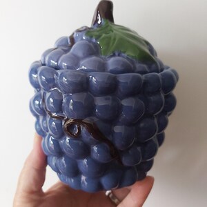 Può includere: Un barattolo in ceramica con coperchio a forma di grappolo d'uva viola. La superficie presenta una finitura lucida con singoli acini, un gambo marrone scuro sulla parte superiore e una foglia verde. Il design include un dettaglio di tralcio.