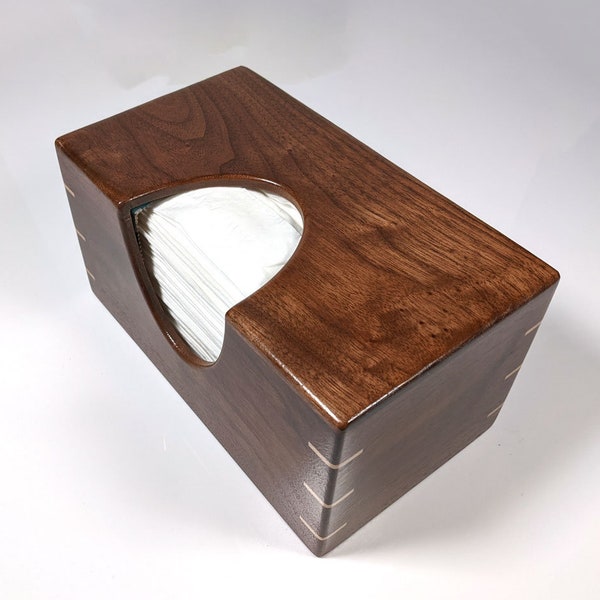 Solid Texas Black Walnut With Maple Splines – Handmade Tissue Box Cover Holder – Puffs Style – Mitered / Spine Corners