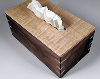 Solid Tiger Maple Top - Texas Black Walnut Sides - Maple Splined Miter Joints - Handmade Tissue Box Cover Holder - Rectangle Style