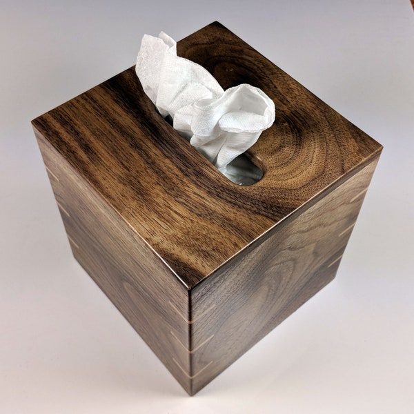 Solid Texas Black Walnut With Maple Spines - Handmade Tissue Box Cover Holder - Small Boutique Square Cube Style