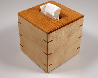 Solid  Cherry Top - Solid Tiger Maple Sides – Cherry Splines - Handmade Tissue Box Cover Holder - Boutique Square Cube Style