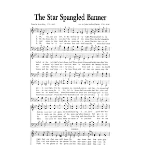 Puede incluir: Una página de partitura vintage para el himno nacional estadounidense, The Star-Spangled Banner. La partitura incluye la letra y la notación musical. La letra incluye las palabras "Oh, say can you see, by the dawn's early light..."
