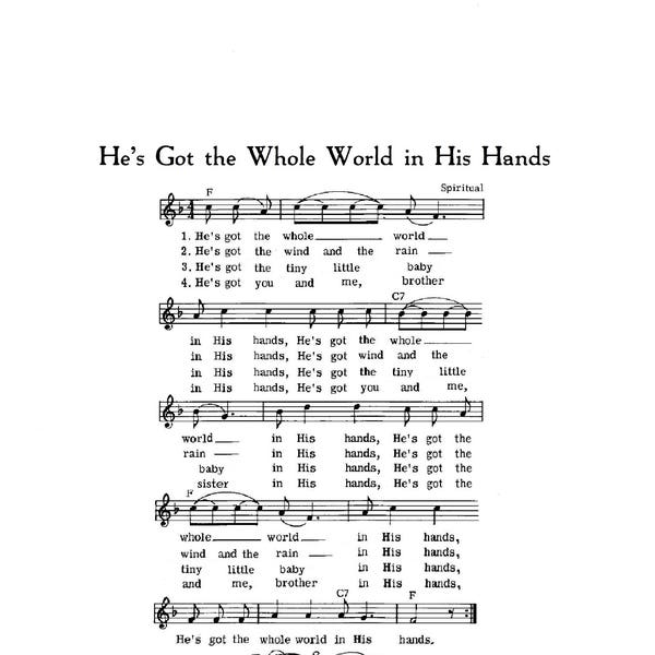 He's Got the Whole World in His Hands Hymn Digital Sheet Music Art Gift Do It Yourself Children Baby Gift Nursery Grandchild Boy Girl