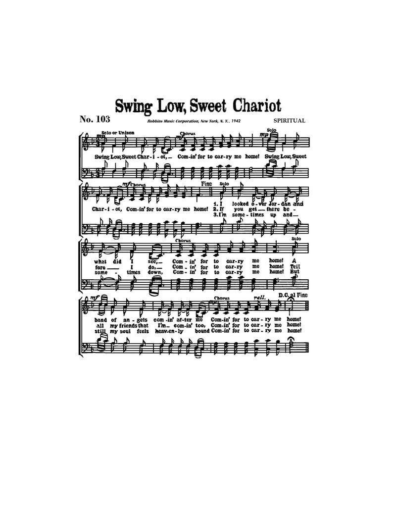 Swing Low Sweet Chariot Spiritual Sheet Music Digital Gospel England Rugby Funeral African American Oklahoma Choctaw Civil Rights Christian