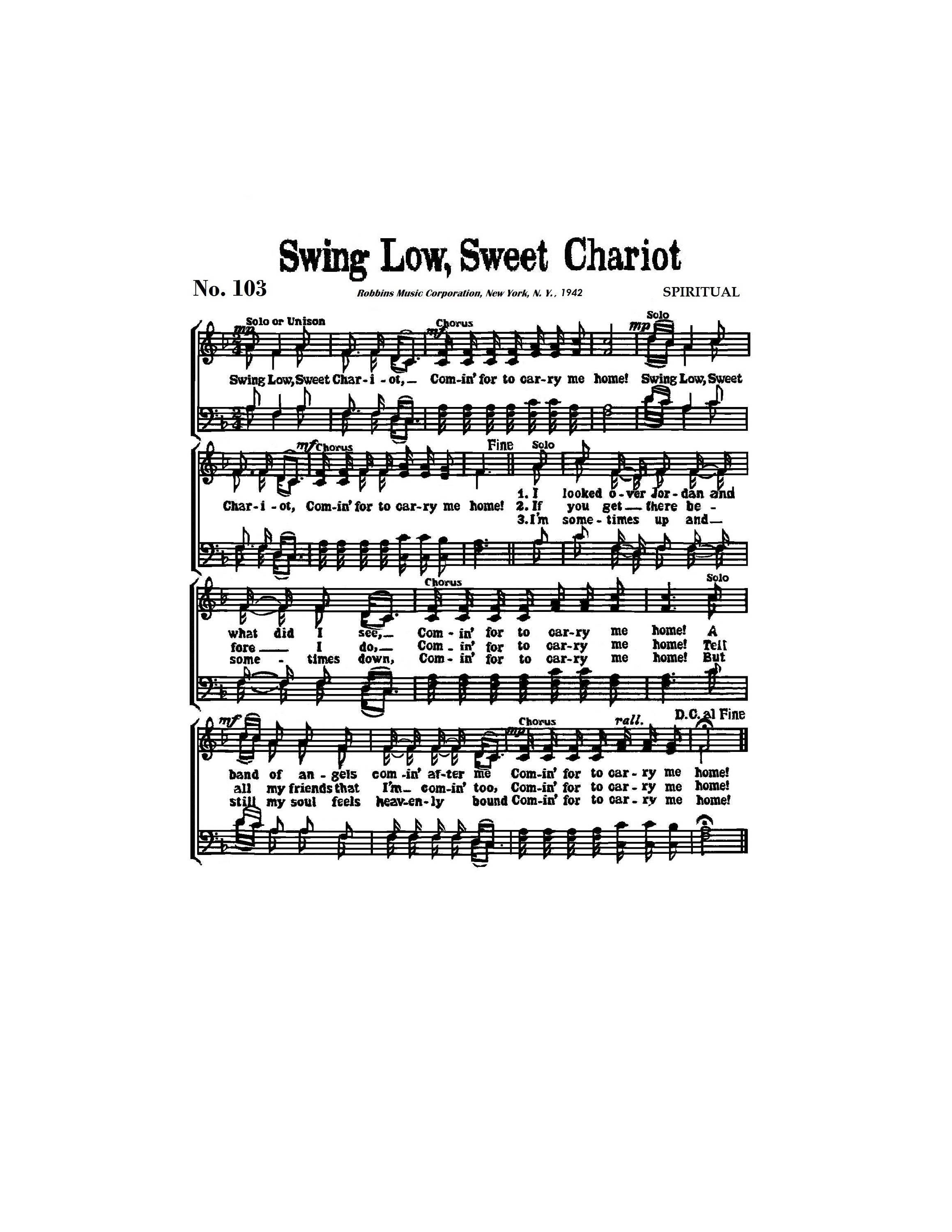 Swing Low Sweet Chariot Spiritual Sheet Music Digital Gospel England Rugby Funeral African