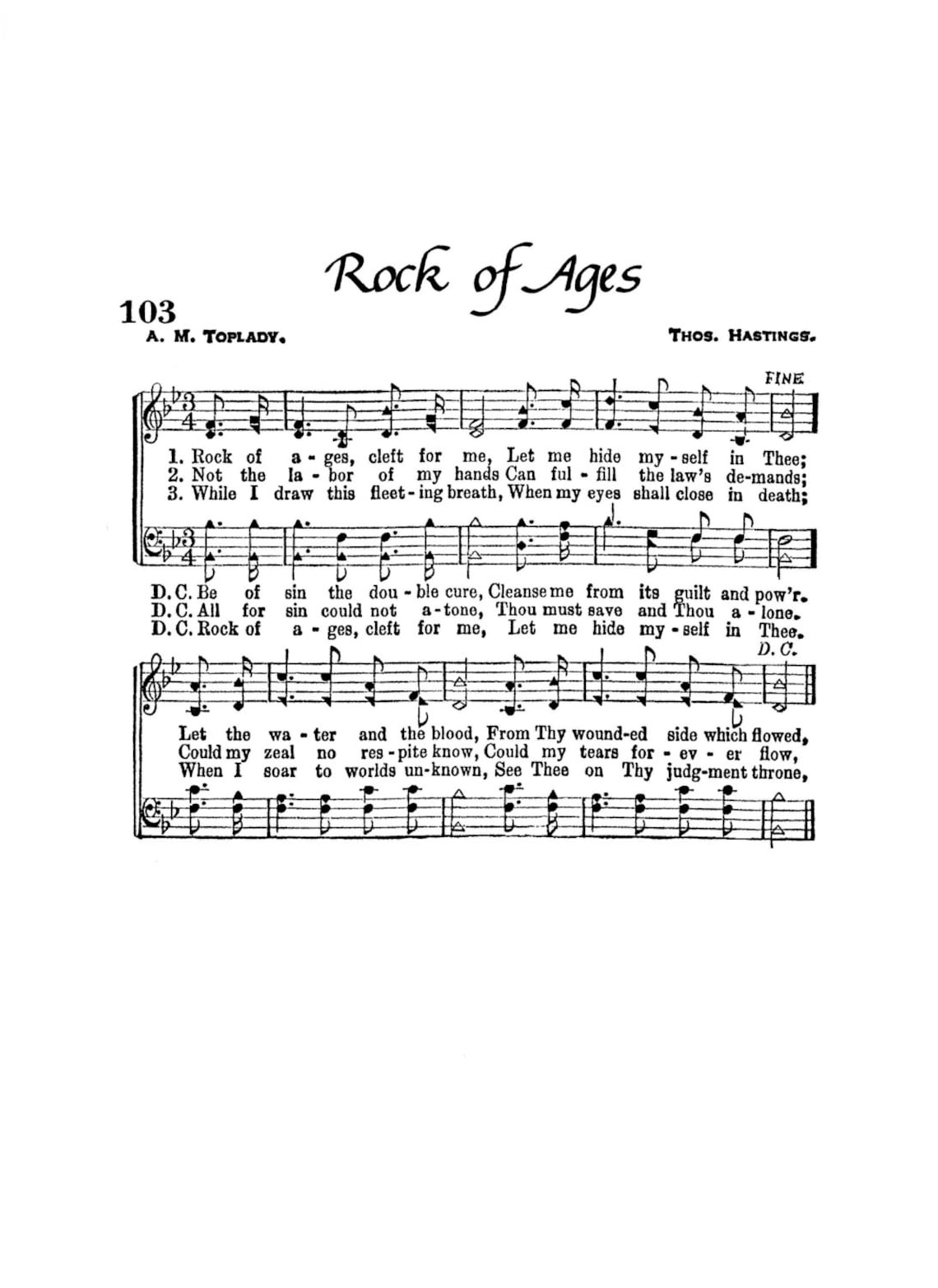 Rock of Ages Christian Hymn Sheet Music Digital Download Funeral Inspirational Art Gift Pastor ...
