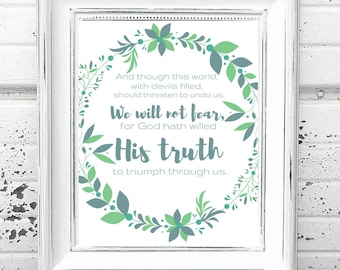A Mighty Fortress is Our God Printable Hymn Quote Art Green Floral Leaves - Digital Download His Truth Will Triumph Through Us