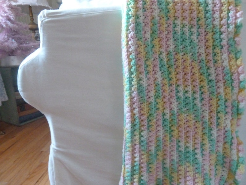 Vintage Hand Knit Baby Blanket Yellow Pink and Green Blanket Etsy