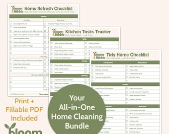 May include: A set of printable home cleaning checklists and trackers. The bundle includes a home refresh checklist, a kitchen tasks tracker, and a tidy home checklist. The image text reads "Clean Calm Bundle" and "Your All-in-One Home Cleaning Bundle".